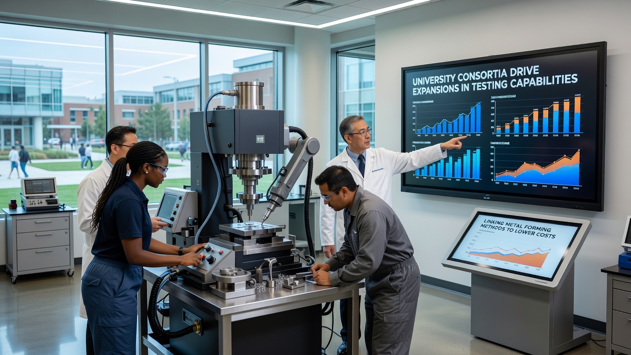 Laboratory setup showing metal forming equipment and waste measurement stations used in university consortia projects